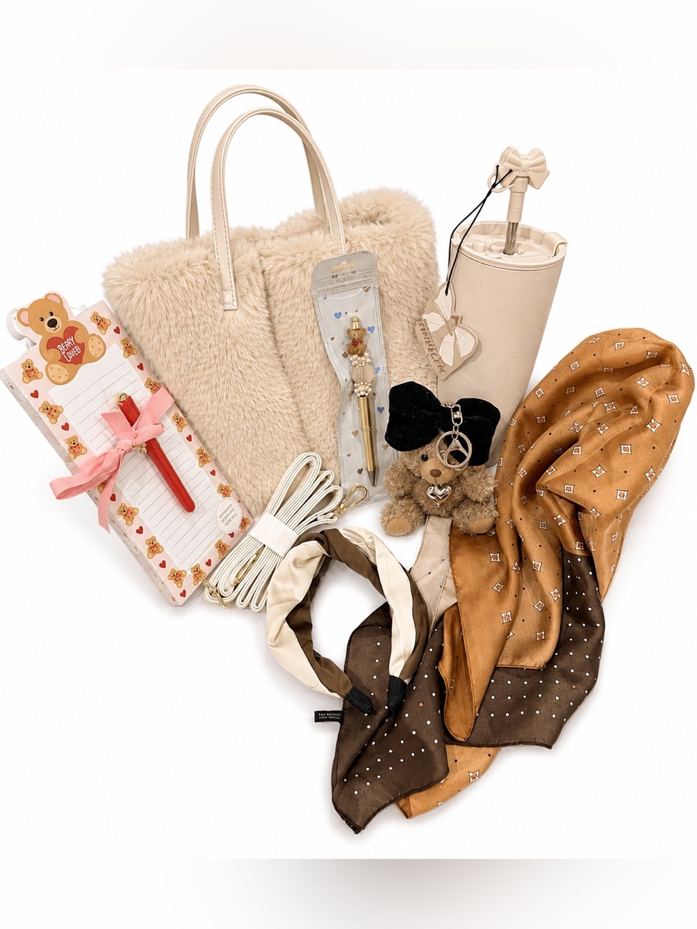 Cream Faux Fur Tote Bag with Beige Accessories